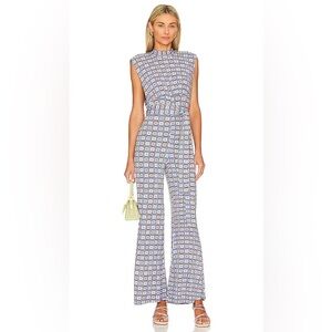 Free People Blue and White Geometric Jumpsuit
